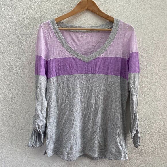 Express Roll Tab Sleeve V-Neck Striped Shirt Top Size Large Purple Gray Large - Picture 1 of 4